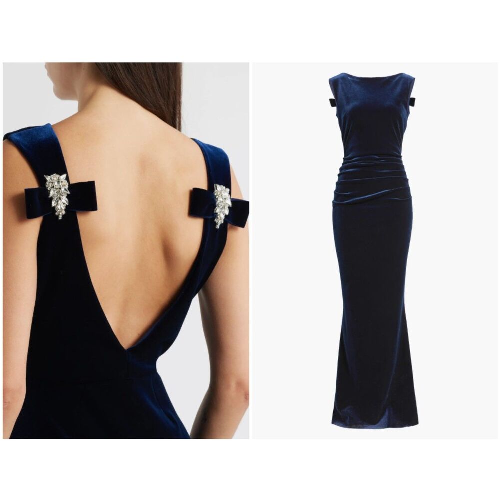 Chiara Boni La Petite Robe Blue Notte Nima Embellished Velvet Gown Size 48 IT